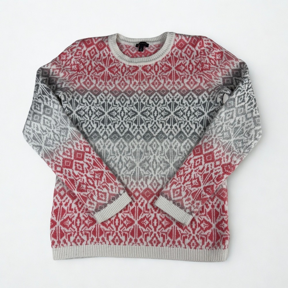 Talbots Fair Isle Sweater Womens S Pink Grey Lambswool Blend Crew Neck Nordic